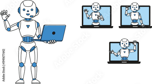 Friendly White and Blue AI Robot Assistant Character Set Featuring Waving Hand Holding Laptop and Emerging from Computer Screens for Technology and Customer Service Support