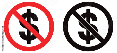 No Money Icon Vector with Red and Black Prohibition Circle Sign