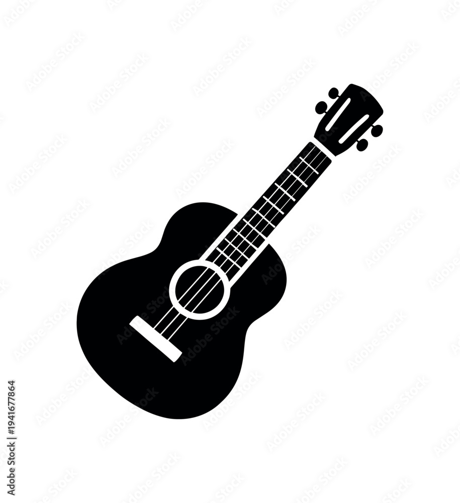 Fototapeta premium Simple black silhouette of an acoustic guitar angled on a white background, suitable as a musical symbol or icon for design use.