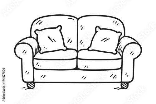 Cozy two-seater sofa with cushions in simple line art for interior or furniture illustration