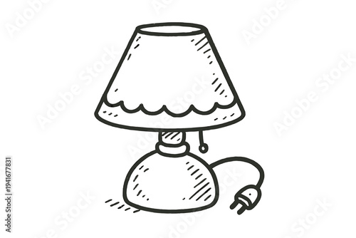 Small bedside lamp sketch on table with cord, hand-drawn line art for simple illustration or background use