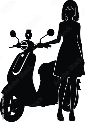 Woman standing with scooter silhouette modern female rider urban transport motorbike vehicle vector illustration isolated on white background