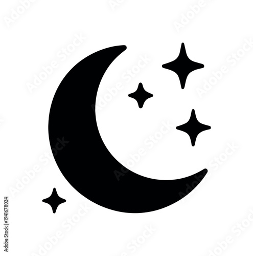 Simple black crescent moon surrounded by four star shapes on a white background, a minimal night or sleep symbol for ui, labels, or backgrounds.
