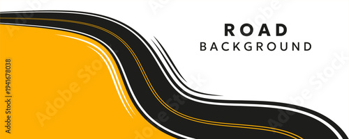 Stylized road background illustration. Curved highway with yellow lines forming dynamic transport design