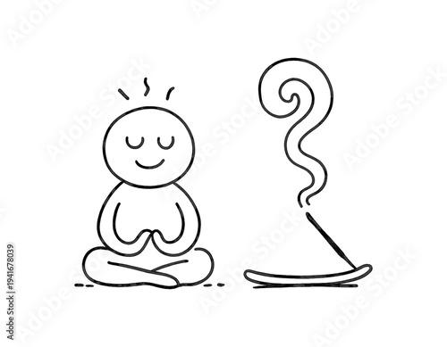Line-drawn figure sitting cross-legged in a relaxed meditation pose with a tray holding a lit incense stick and curling smoke, a simple wellness and zen scene for wellness content.