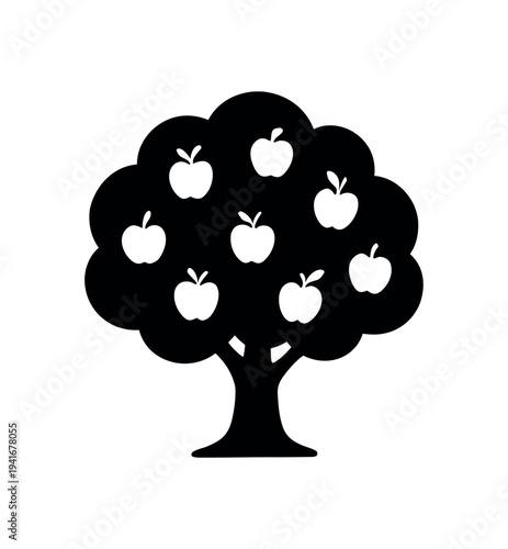Apple tree silhouette with fruit for orchard and harvest icon or garden background design