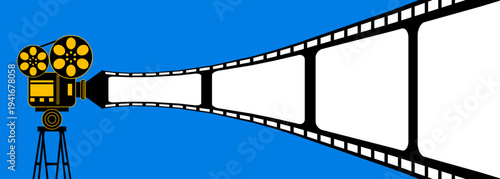 Vintage film projector with movie strip. Cinema equipment illustration with retro film reel and frames