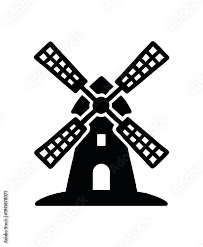 Simple black windmill silhouette with four lattice blades standing on a rounded base, suitable as an icon or rural design element.