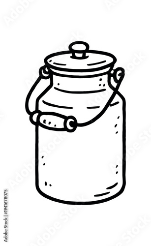 Black line-style milk can illustration with a lid and carrying handle, ideal for dairy, farmhouse, or kitchen-themed graphics.