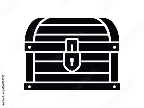 Classic locked treasure chest with metal bands and padlock for pirate or storage icon flat vector icon