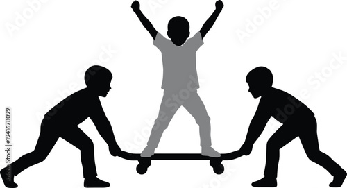 Silhouette children helping friend balance on skateboard while playing together teamwork friendship childhood activity outdoor fun vector illustration isolated concept