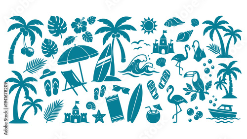 Collection of tropical beach elements and summer vacation icons in cyan silhouettes on white background for design and decoration purposes in various creative projects.