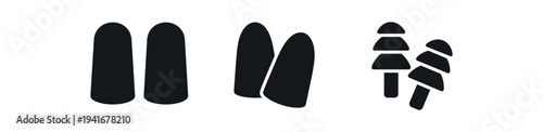 Solid black silhouettes of foam earplug shapes and multi‑flange earbud style protectors, shown as a small set for hearing protection, sleep, and noise reduction design.