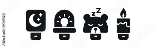 Small solid black nightlight style icons including a moon and stars, a lightbulb, a sleeping bear face and a candle — ideal for sleep, bedtime or nursery ui and signage.