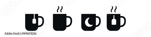 A row of four simple black mug icons showing steaming hot drinks, a teabag, and a moon symbol on one cup for ui or menu use.