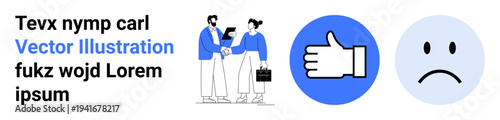 Business communication, partnerships, feedback systems, user interaction, emotional responses, and decision-making. Two people shaking hands, thumbs up icon unhappy face icon. Business communication
