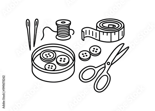 Sewing kit with scissors buttons needles thread and measuring tape line art for craft illustration flat vector illustration