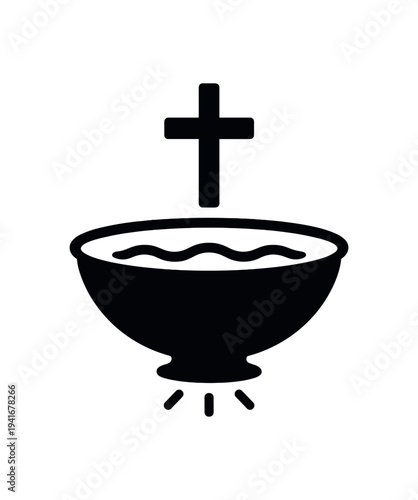 Baptism bowl with water and cross symbol for religious ceremony icon flat vector icon