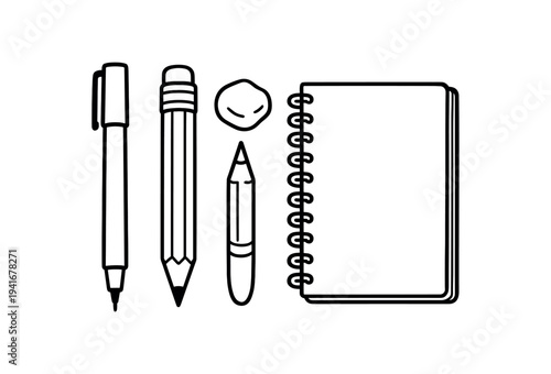 Stationery set with pen pencil eraser and spiral notebook line art for school or office illustration flat vector illustration