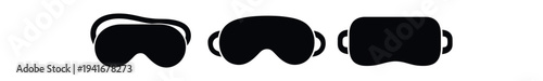 Three simple black eye/sleep masks in a row, minimal silhouettes useful as icons for sleep, relaxation, or travel design.