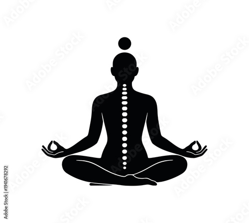 Person meditating in lotus pose with aligned spine and chakras flat vector icon for yoga and wellness design