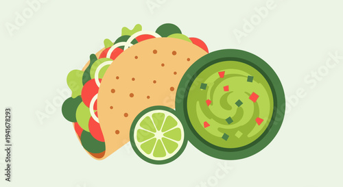 Taco with fresh vegetables and guacamole dip on white background.
