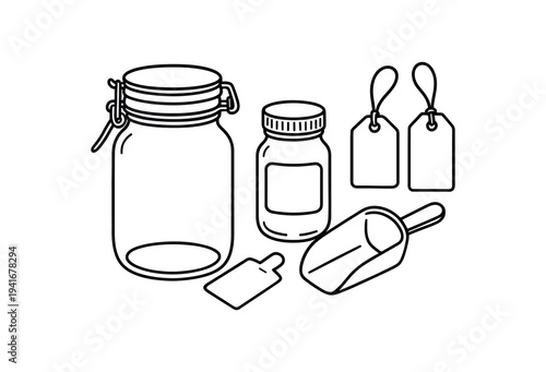Glass storage jar, small spice bottle, scoop and hanging tags set flat vector icon