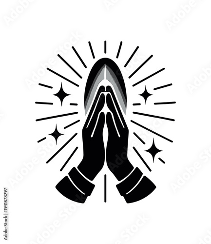 Praying hands with radiant light and sparkles spiritual emblem flat vector icon