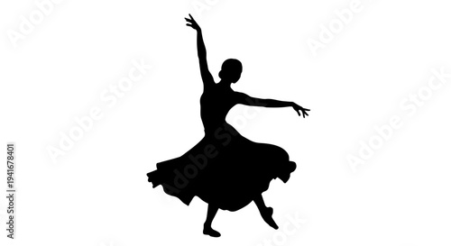 Ballet dancer silhouette performing an elegant pose with arms extended and body in motion, captured in a dynamic black and white illustration