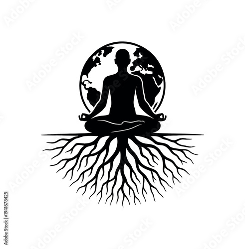 Person meditating cross-legged with earth behind and roots spreading below for yoga or wellness logo flat vector icon