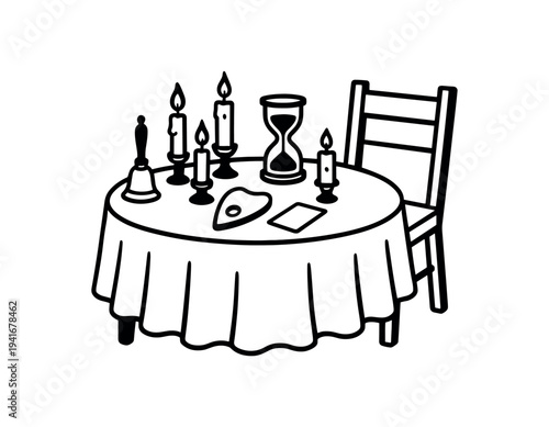 Fortune table with candles, hourglass, planchette and chair for tarot reading scene flat vector icon