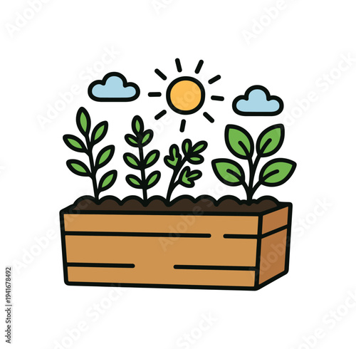 A rectangular wooden planter filled with soil and sprouting green plants under a sunny sky, perfect for gardening guides or eco designs.