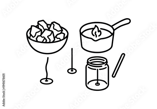 Black line icons of candle supplies showing wax pieces, a saucepan melting wax, wicks and a jar for diy candle making projects.