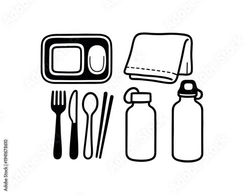 Black outline icon set of a divided food container, fork, knife, spoon, chopsticks, cloth napkin and two water bottles arranged for packed lunch or on-the-go meals.