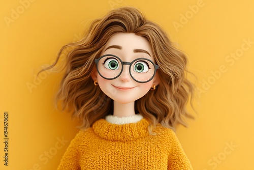 3D animated cartoon girl with curly hair and glasses animation character