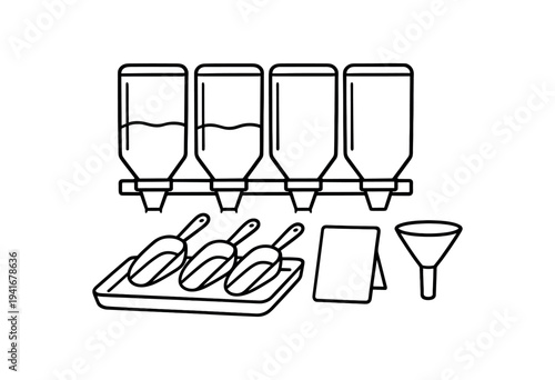 Row of bulk dispensers with scoops, funnel and labels for refill shop signage flat vector icon