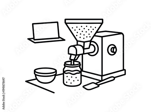 Small food grinder or filler machine pouring into a jar with bowl, spatula and laptop nearby flat vector icon