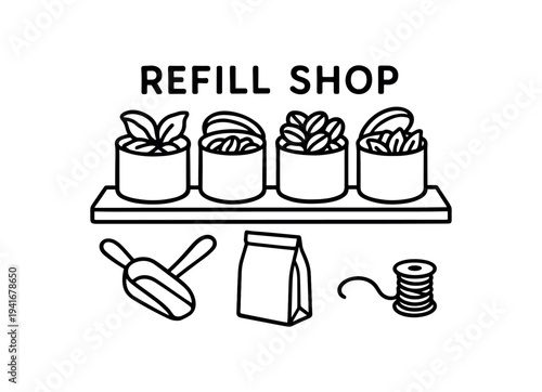 Shelf of open bulk tins, scoops, paper bag and twine for a refill shop or zero waste store flat vector icon