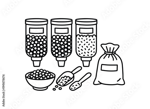 Three dry goods dispensers with bowl, two scoops and a sack for cereal or bulk food storage icons flat vector icon