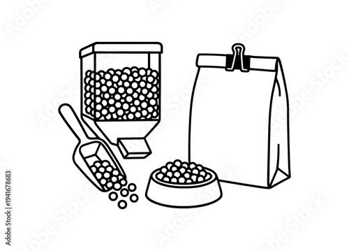 Pet food setup with dispenser, scoop, bowl and bag for pet store or packaging label flat vector illustration