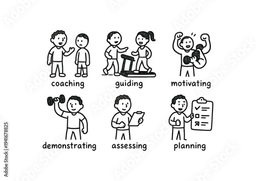 Six hand-drawn line icons of a fitness trainer doing coaching, guiding a treadmill user, motivating with muscles, demonstrating weights, assessing notes, and planning with a checklist.