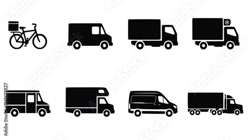 Collection of various black vehicle silhouettes for transportation and logistics on a white background including trucks vans and bicycles for shipping and delivery purposes.