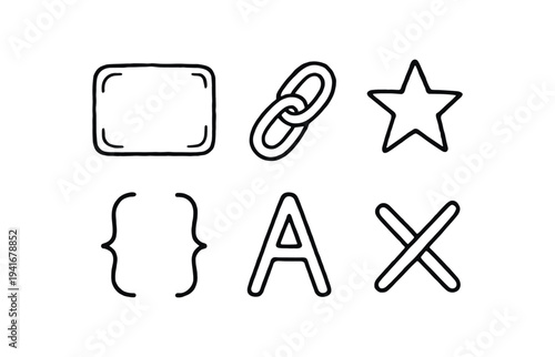 Clean hand-drawn style black line icons on white background showing a rounded rectangle, chain link, star, curly braces, capital a, and an x — ideal for app ui, web toolbars, or icon packs.