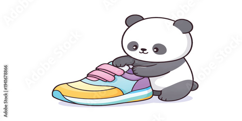 Cute cartoon baby teddy bear and panda character illustration with a fun toy ball, a happy zoo animal vector drawing for kids