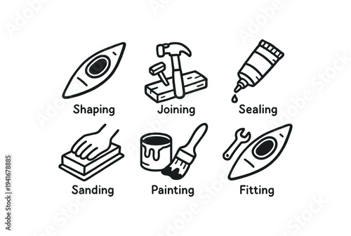 Six clean line icons for boat or woodworking repair tasks: shaping a hull piece, joining planks with hammer and nails, tube sealant, sanding block, paint and brush, and fitting with a wrench.