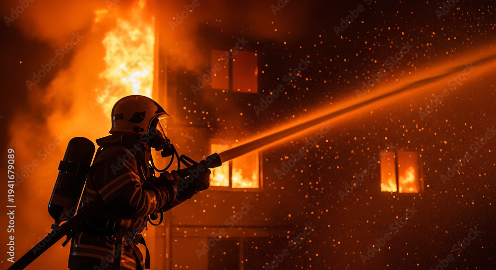 Fototapeta premium Firefighter in protective gear spraying water at burning building during nighttime
