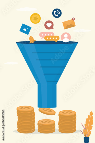 Marketing funnel earning money and generating leads. Increasing rates with sales funnel. Monetization, earn money online concept. Attracting consumer interest