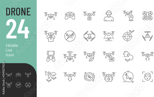 Drone Line Editable Icons set. Vector illustration in modern thin style of technology related icons: types of drones, technical characteristics, methods of use, and more. Isolated on transparent backg