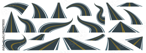 Curved and straight road segments collection. Various highway shapes with perspective and winding routes