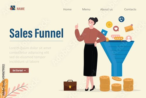Marketing funnel earning money and generating leads. Increasing rates with sales funnel, landing page. SMM, monetization, earn money online concept.